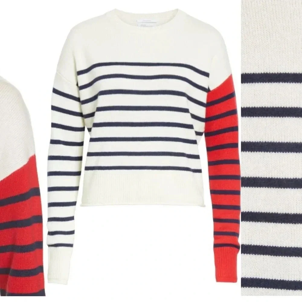 NORDSTROM SIGNATURE NEW Cropped Striped Cashmere Crew Neck Sweater - Picture 4 of 11